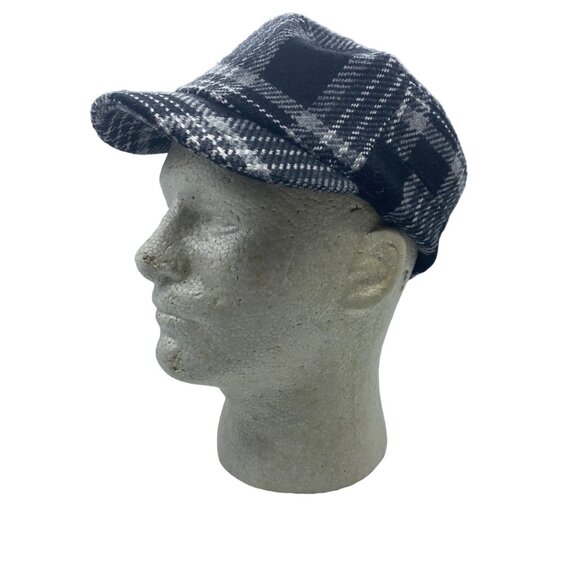New York & Company Plaid Wool Blend Newsboy Cap Women S/M Side Buckles Black - Picture 1 of 6